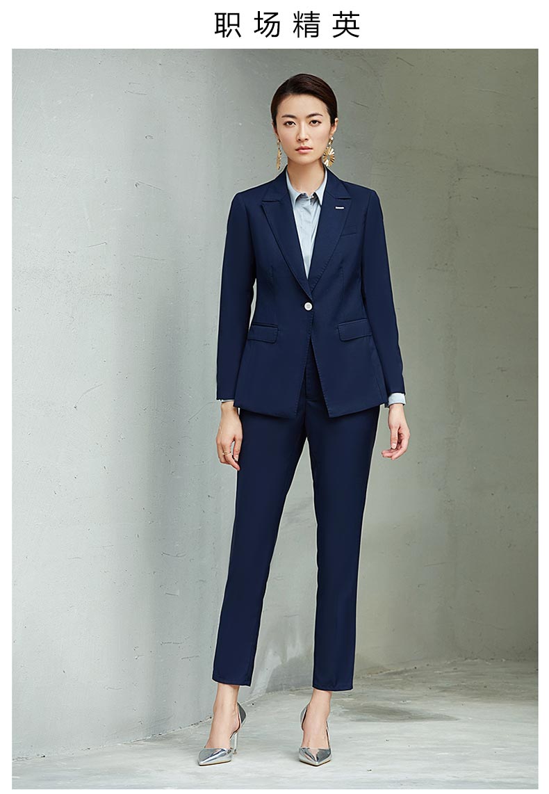 女款藍色單扣職業西裝定做款式圖